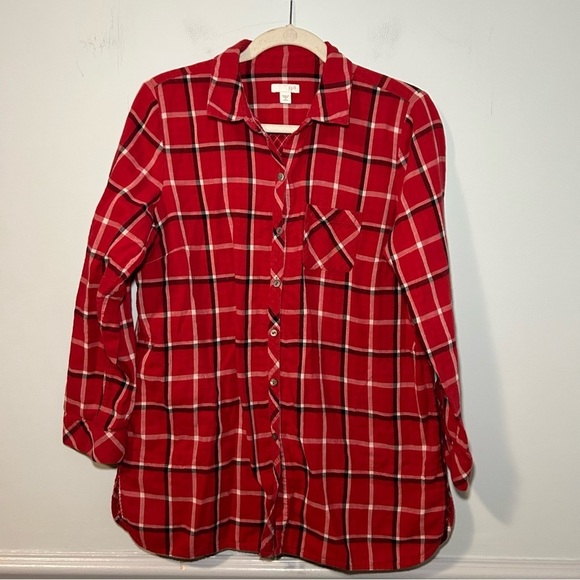 J. Jill Red Button Down Multi-Plaid Double-Cloth Long Tunic Size Medium Petite - Picture 2 of 9